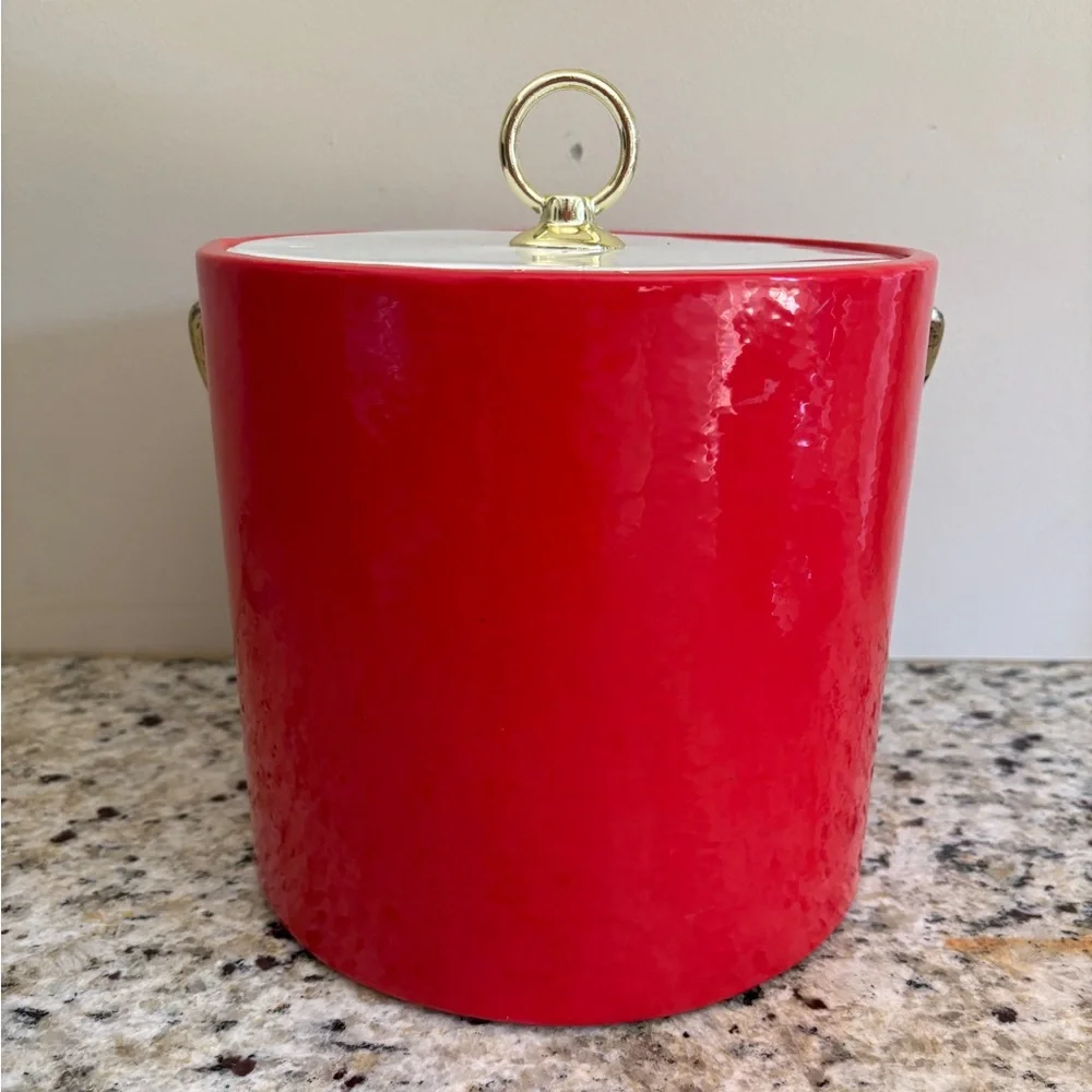 Vintage Mid-Century Bright Red Ice Bucket Barware USA Retro Mod Gold Handle